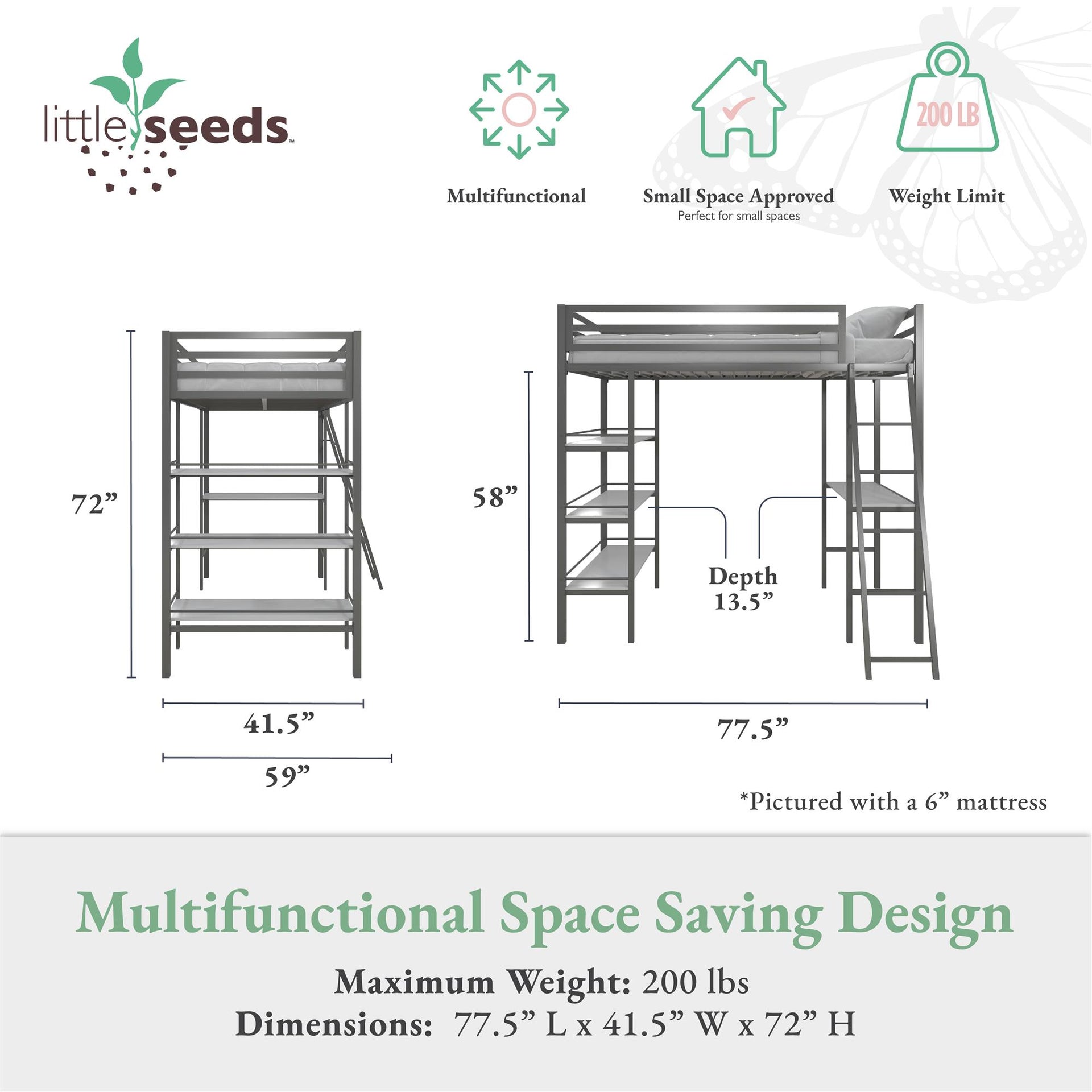 Little Seeds Nova Metal Loft Bed with Shelves - Gray - Twin
