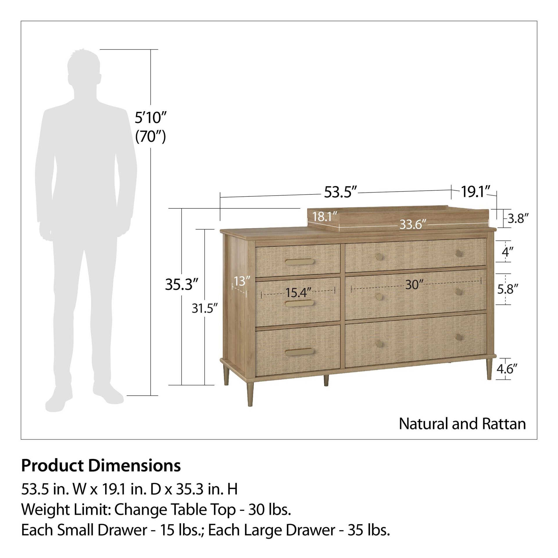 Shiloh Wide 6 Drawer Convertible Dresser & Changing Table - Natural