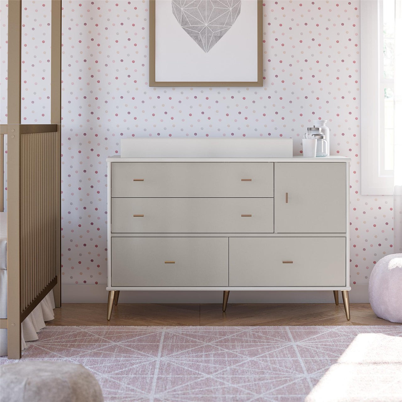 Valentina 4 Drawer/ 1 Door Convertible Dresser & Changing Table, White and Taupe - White / Grey