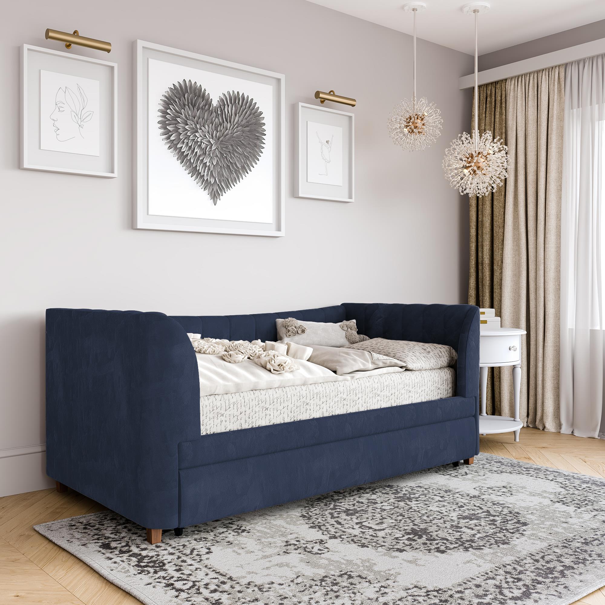 Blue upholstered daybed on sale with trundle