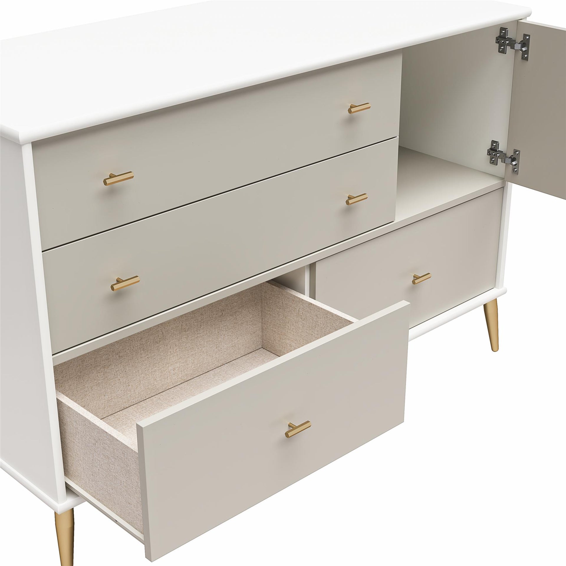 Valentina Asymmetrical 4 Drawer / 1 Door Convertible Dresser, White and Taupe - White / Grey