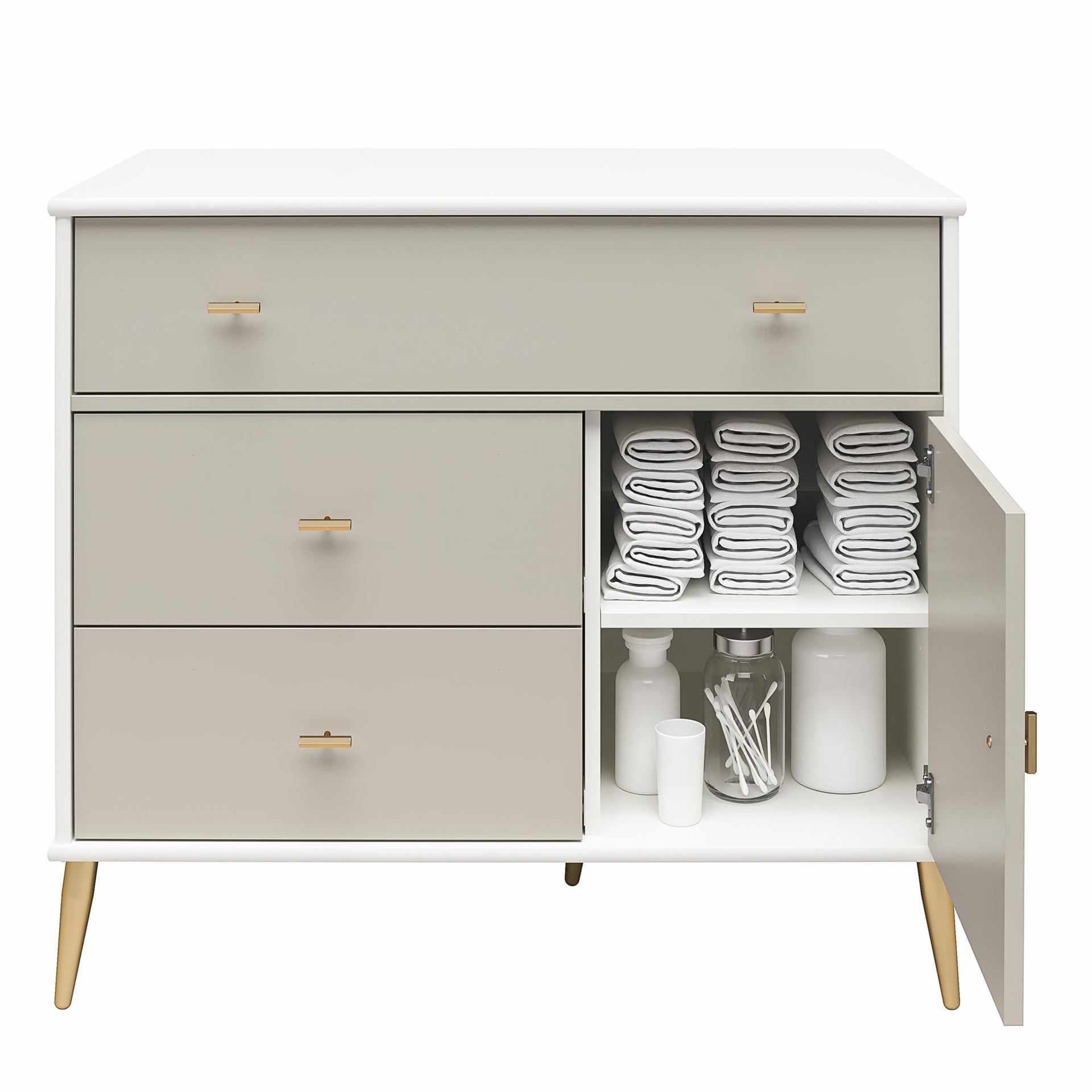 Valentina Asymmetrical 3 Drawer / 1 Door Convertible Dresser, White and Taupe - White / Grey