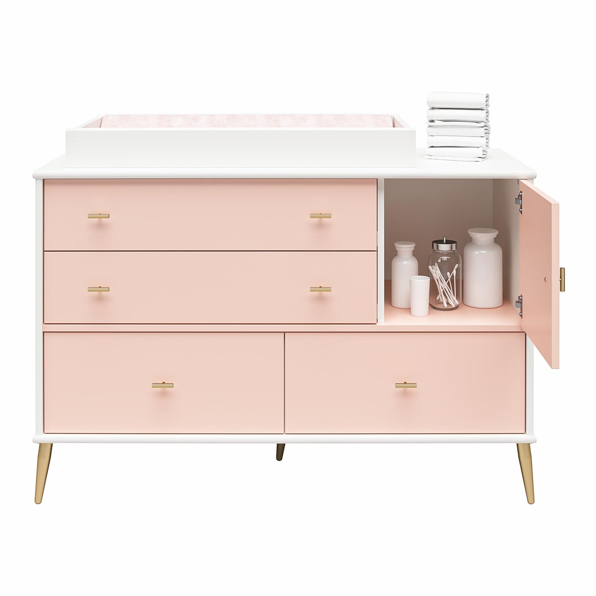 Valentina 4 Drawer/ 1 Door Convertible Dresser & Changing Table, White and Pink - Pale Pink