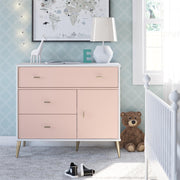 Valentina Asymmetrical 3 Drawer / 1 Door Convertible Dresser, White and Pink - Pale Pink