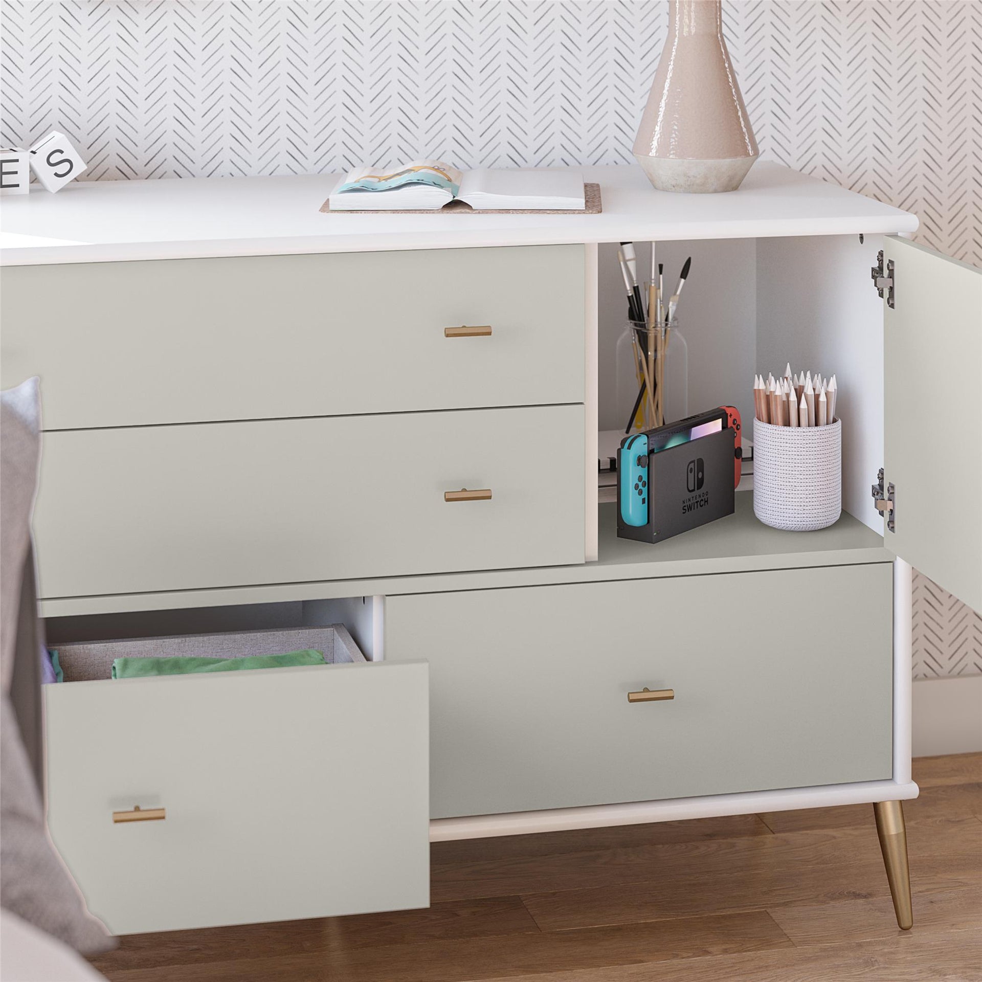 Valentina Asymmetrical 4 Drawer / 1 Door Convertible Dresser, White and Taupe - White / Grey
