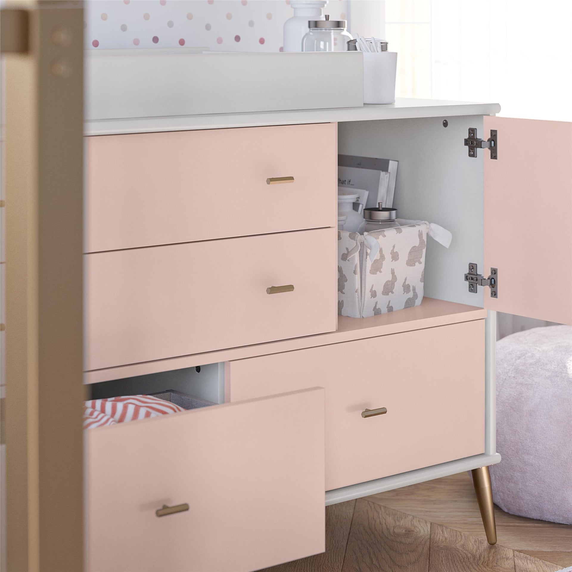 Valentina 4 Drawer/ 1 Door Convertible Dresser & Changing Table, White and Pink - Pale Pink