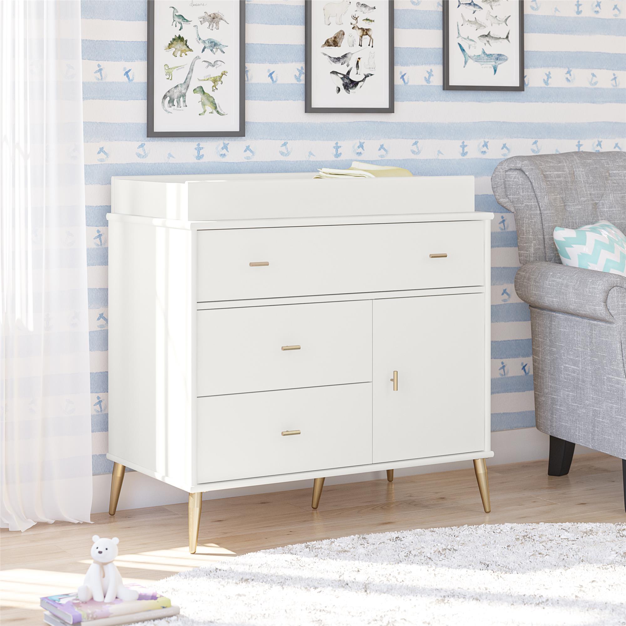 White dresser with changing table outlet topper