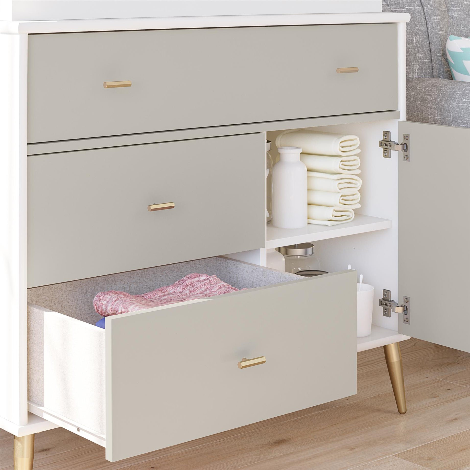 Valentina 3 Drawer/ 1 Door Convertible Dresser & Changing Table, White and Taupe - White / Grey