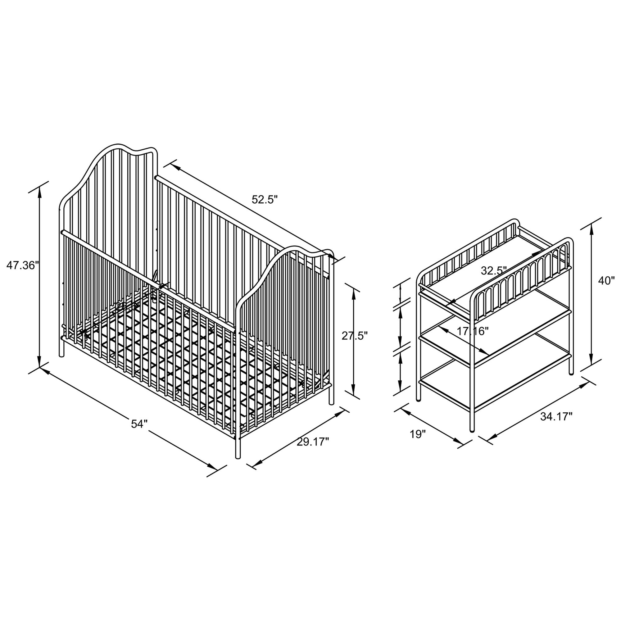 Metal crib sales and changing table