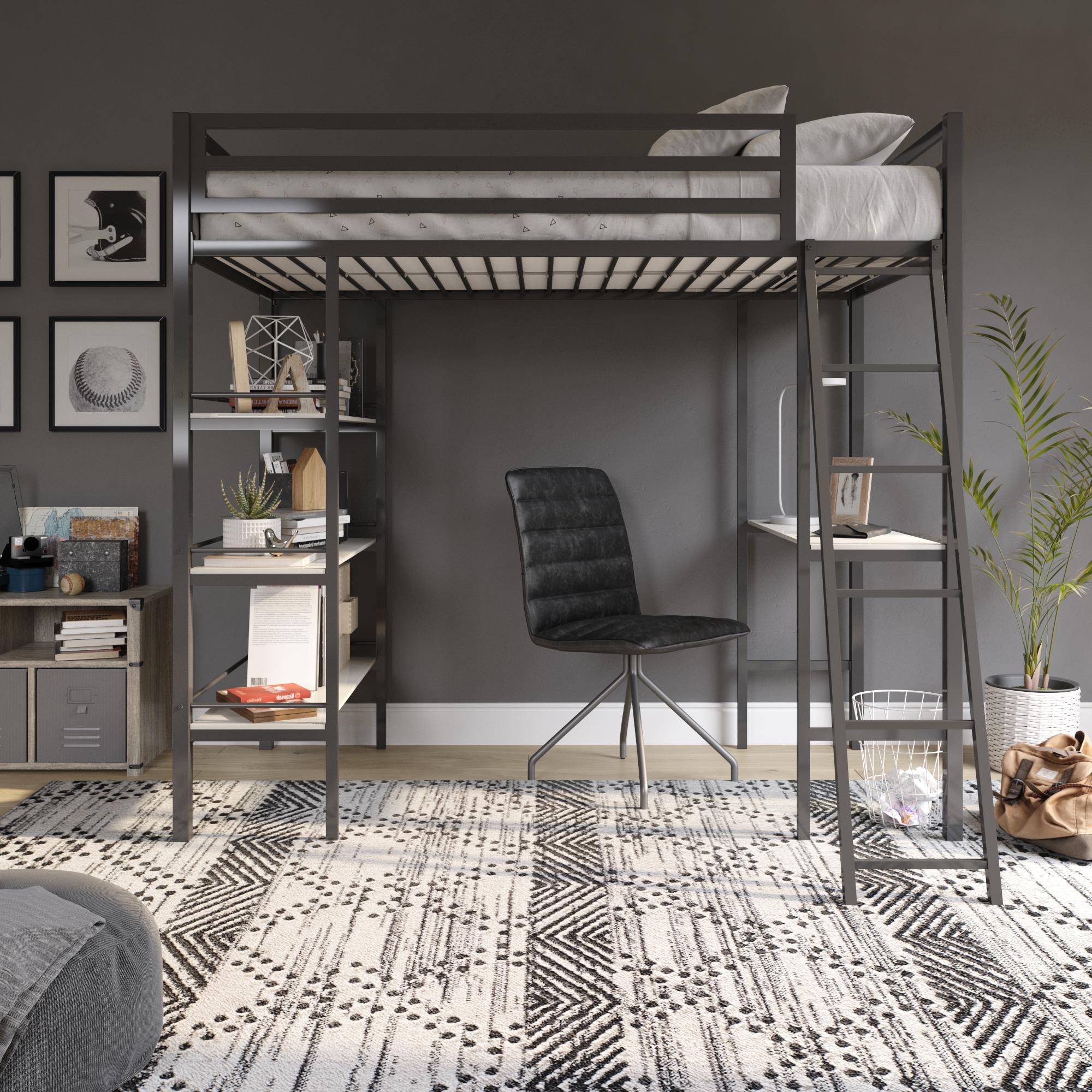 Metal loft store bed with shelves